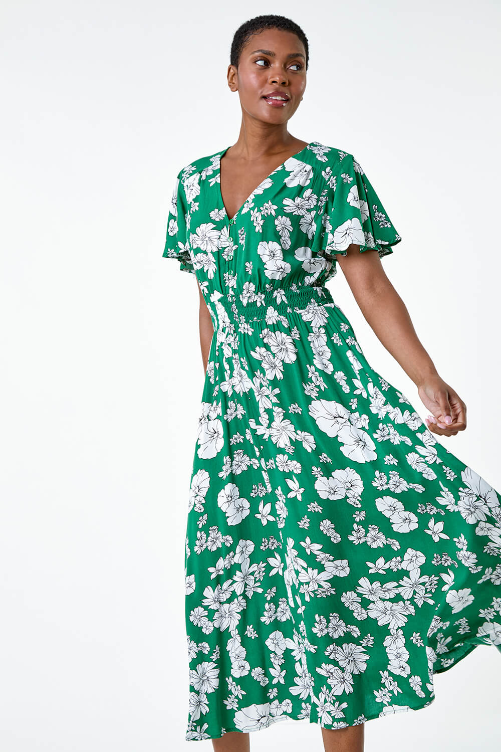 Bottle Green Floral Printed Women Tiered Dress
