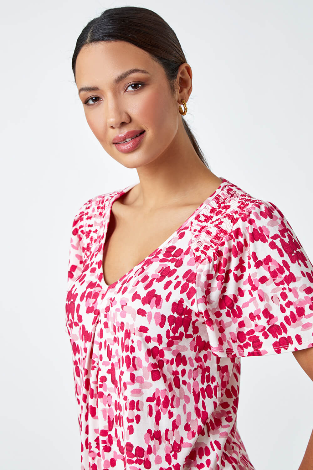 PINK Abstract Shirred Shoulder Stretch Top, Image 4 of 5