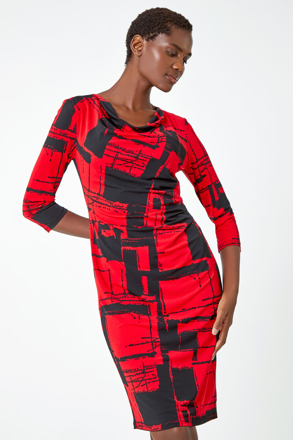 Abstract Print Cowl Neck Stretch Dress