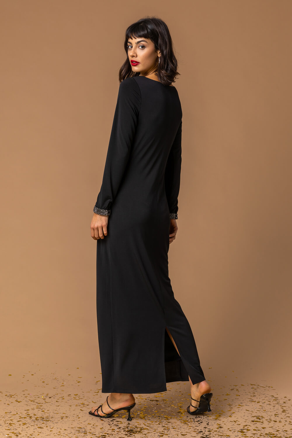 Black Sparkle Embellished Ruched Maxi Dress, Image 3 of 4