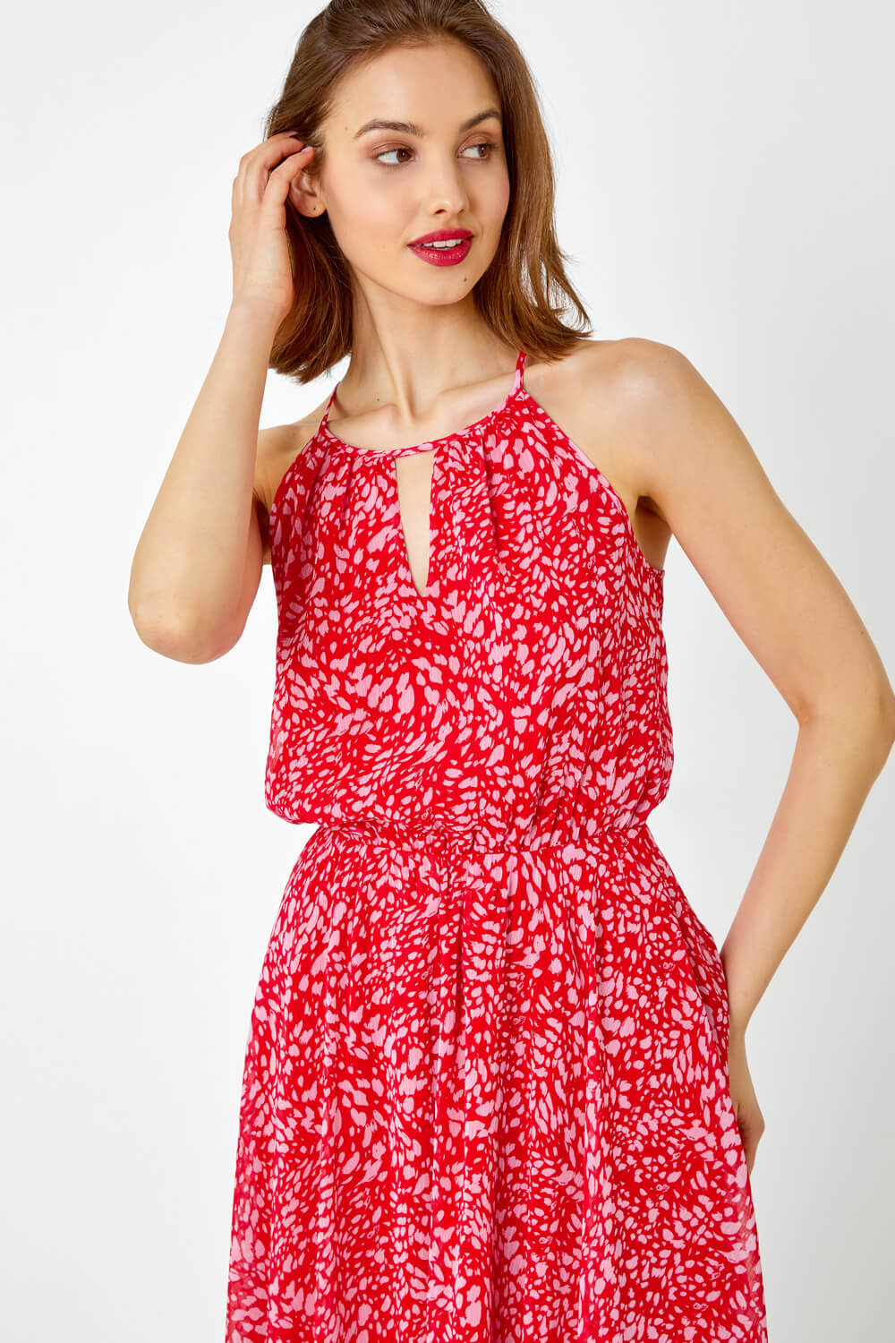 Red Abstract Print Halter Neck Midi Dress, Image 4 of 5