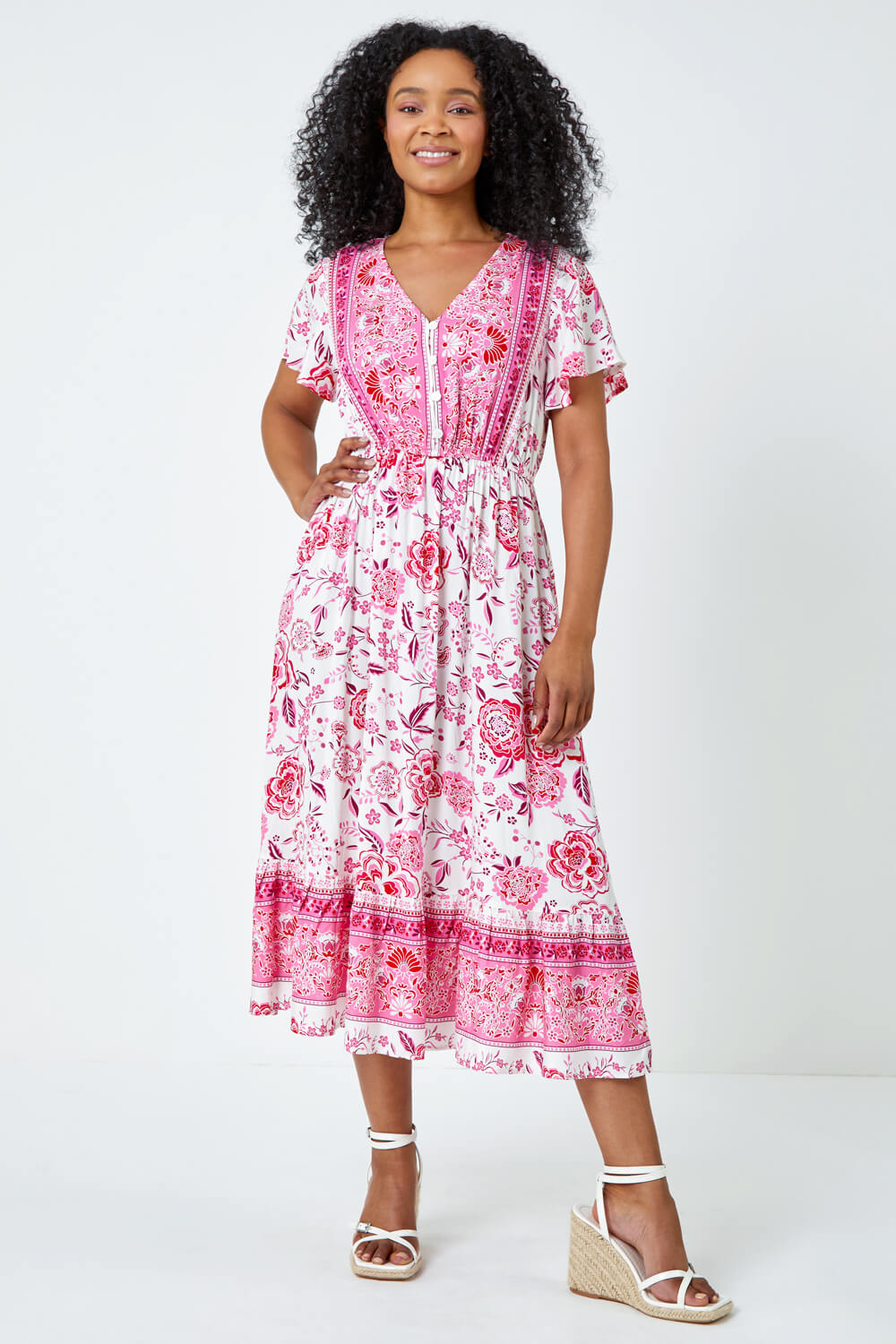 PINK Petite Floral Print Tiered Boho Dress, Image 2 of 5