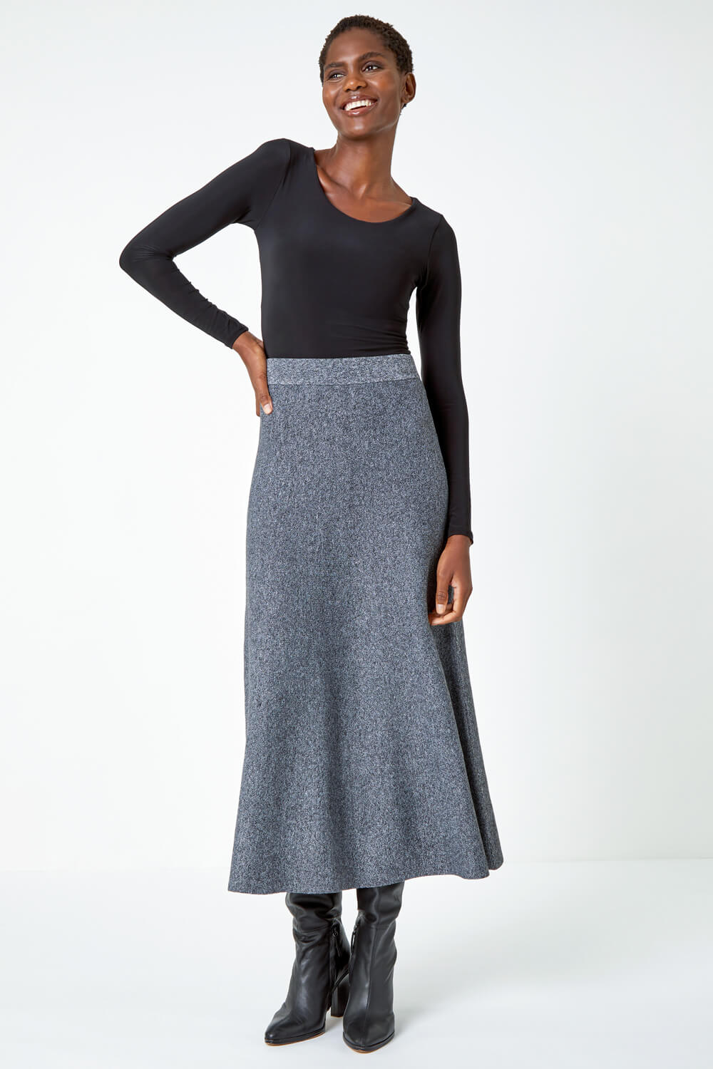 Grey Knitted Midi Stretch Skirt | Roman UK