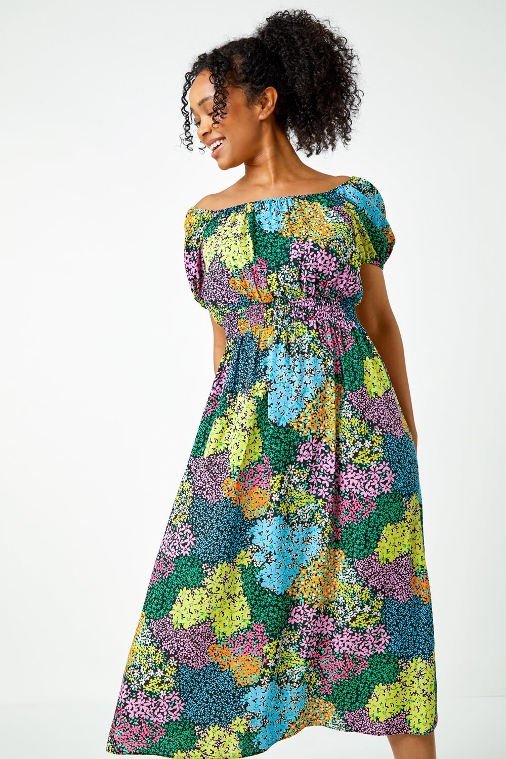 Black Petite Ditsy Floral Shirred Midi Dress | Roman UK