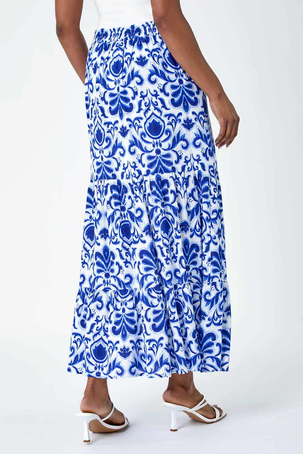 Blue Ornate Print Frilled Maxi Skirt | Roman UK