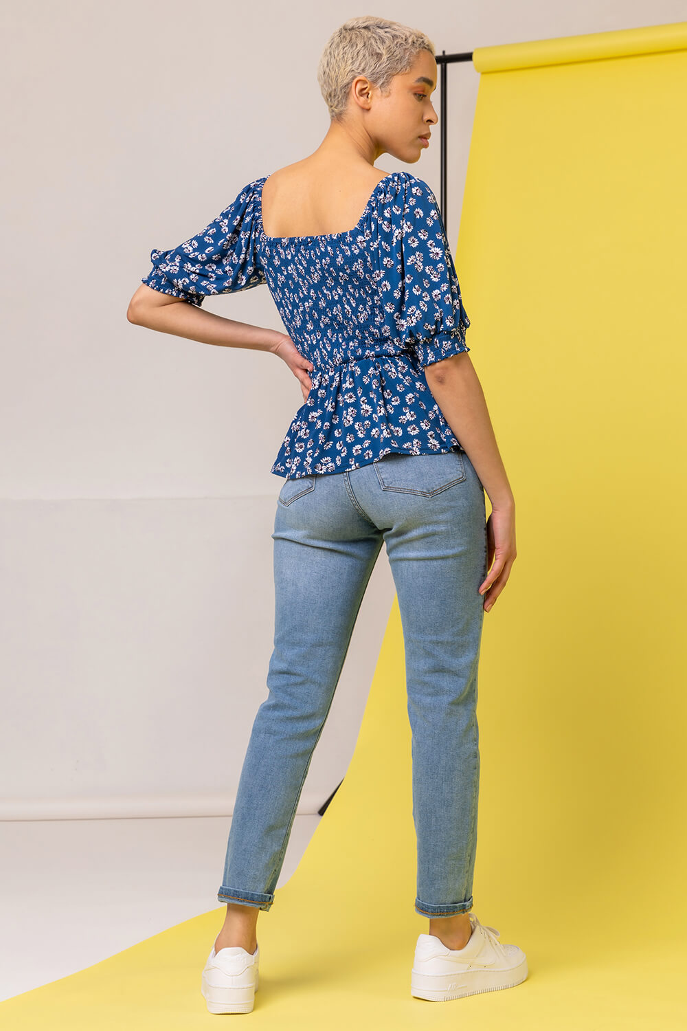 Blue Ditsy Floral Print Shirred Top, Image 2 of 5