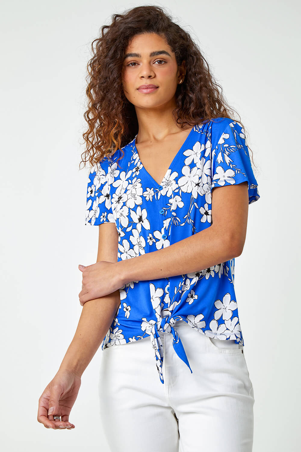 Royal Blue Floral Print Tie Front Top, Image 1 of 5