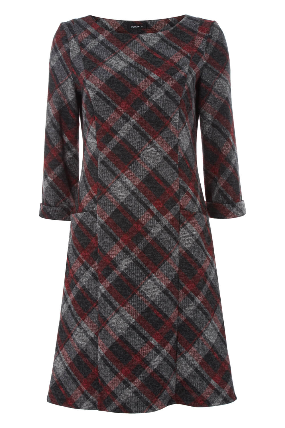 Red Check Print 3/4 Sleeve Shift Dress, Image 4 of 4