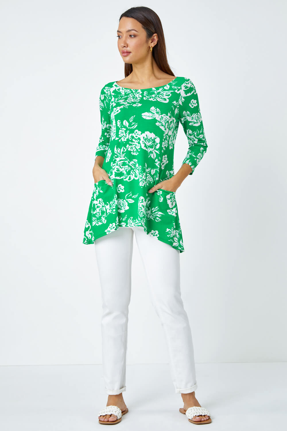 Green Floral Print Swing Stretch Top, Image 2 of 5