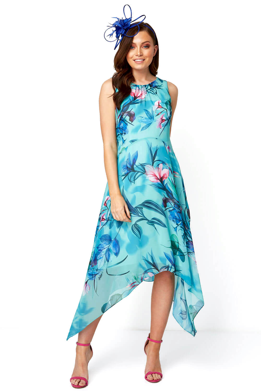 Turquoise Floral Chiffon Hanky Hem Midi Dress, Image 3 of 4