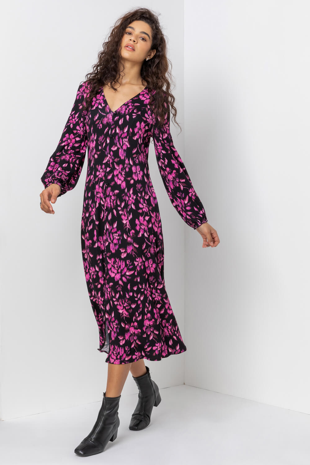 Purple Abstract Floral Fit & Flare Midi Dress, Image 3 of 5