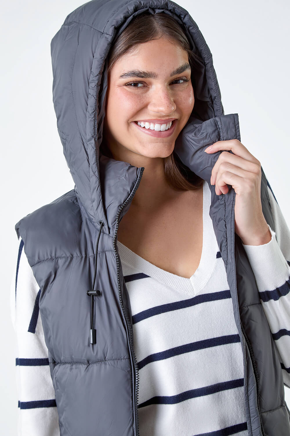 Charcoal Padded Longline Hooded Gilet, Image 6 of 6