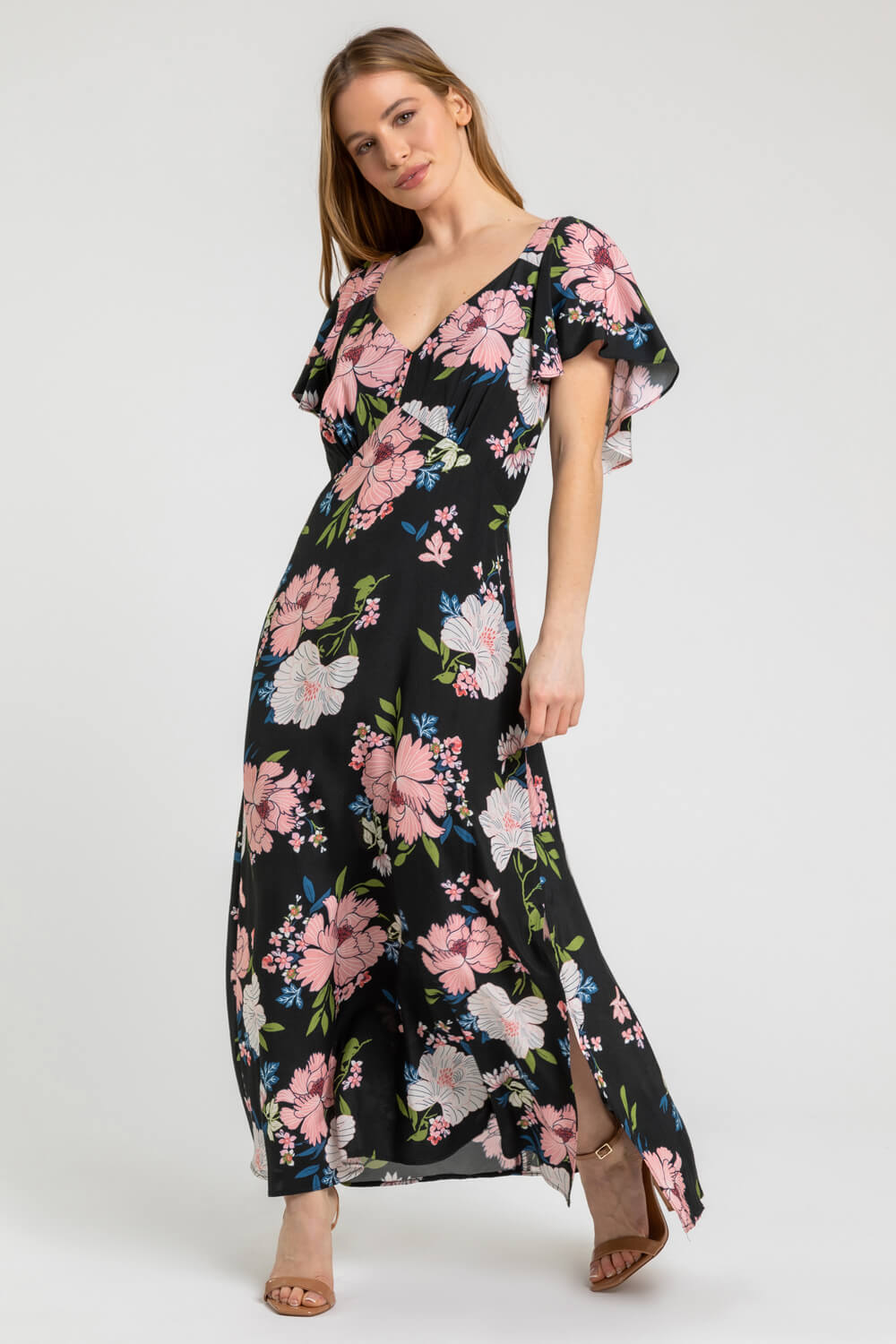 Petite Floral Print Maxi Dress in Black | Roman UK