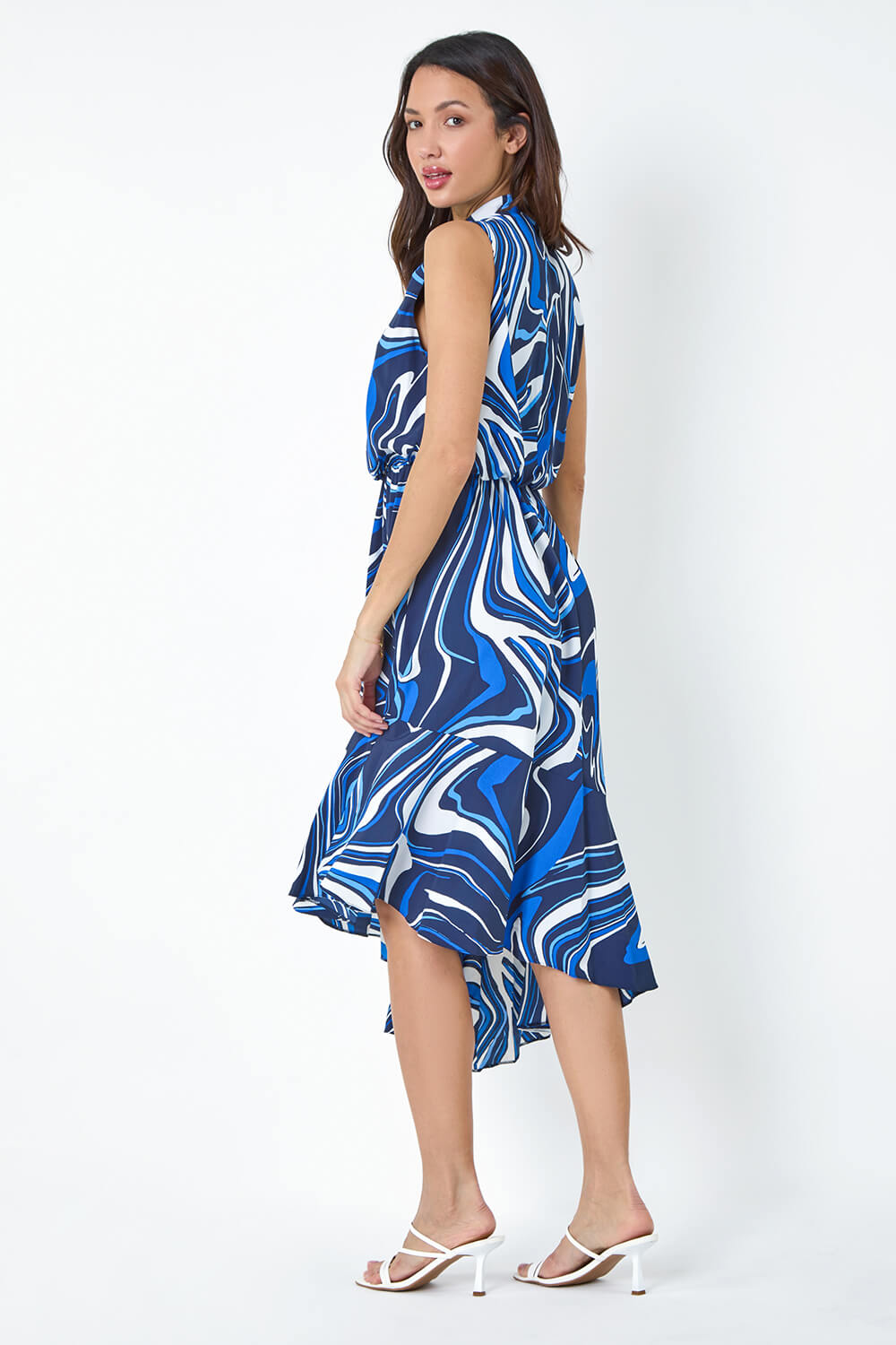 Navy  Sleeveless Swirl Print Midi Dress, Image 3 of 5