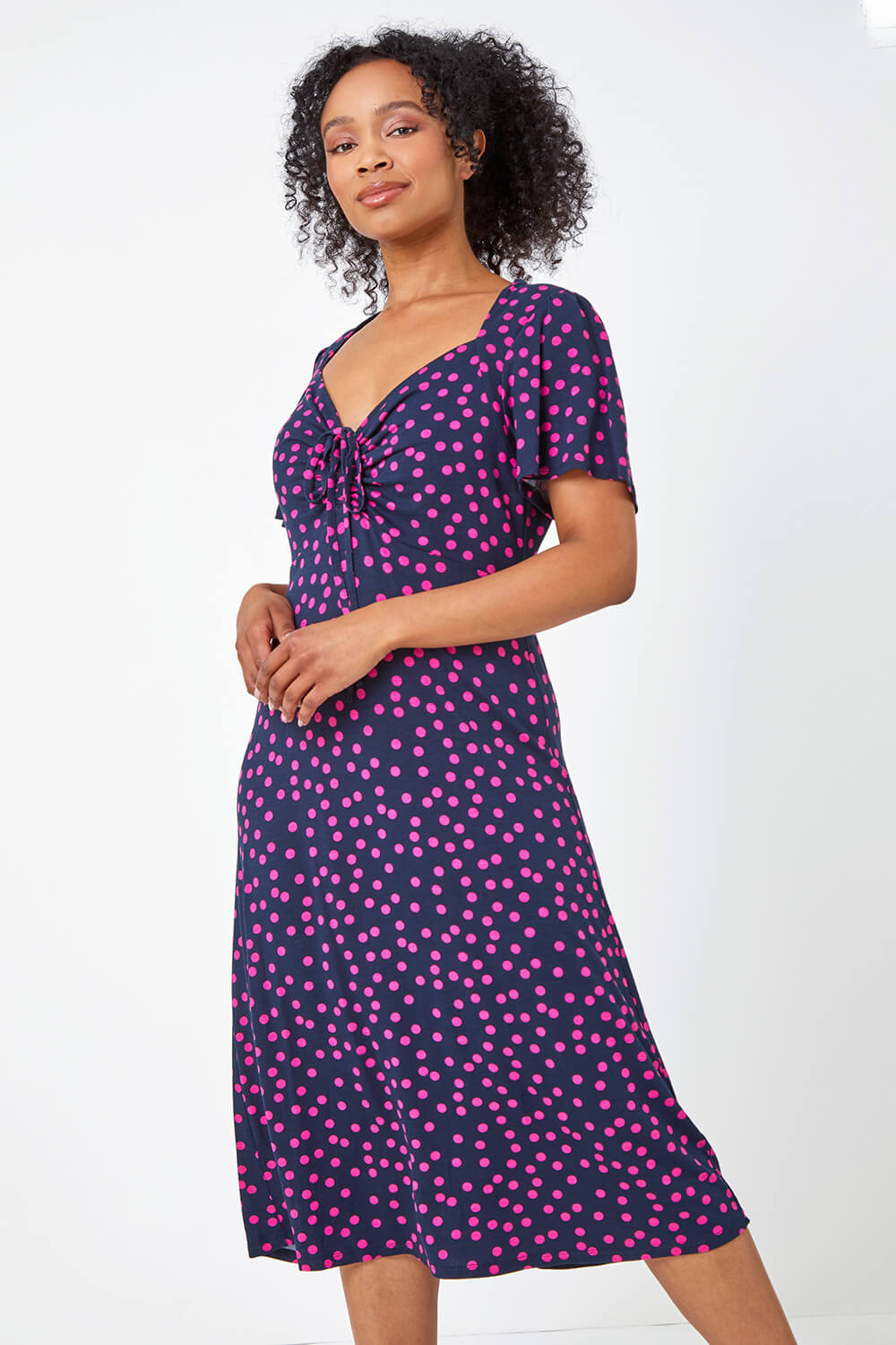 Navy  Petite Polka Dot Ruched Stretch Dress, Image 2 of 5