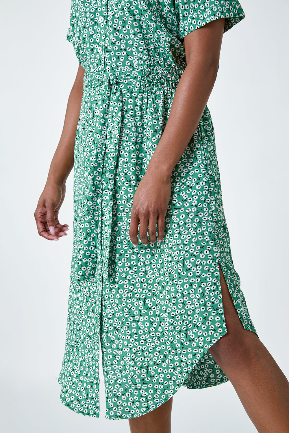 Green Ditsy Floral Print Shirt Dress, Image 5 of 5