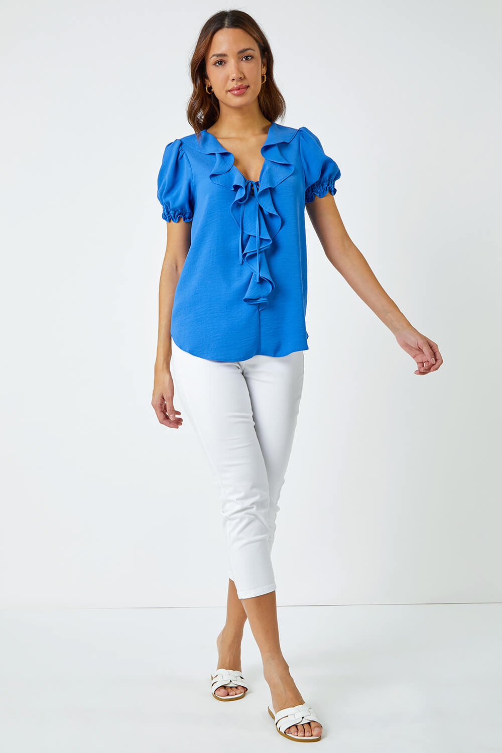Blue Ruffle Front Tie Detail Blouse, Image 3 of 6