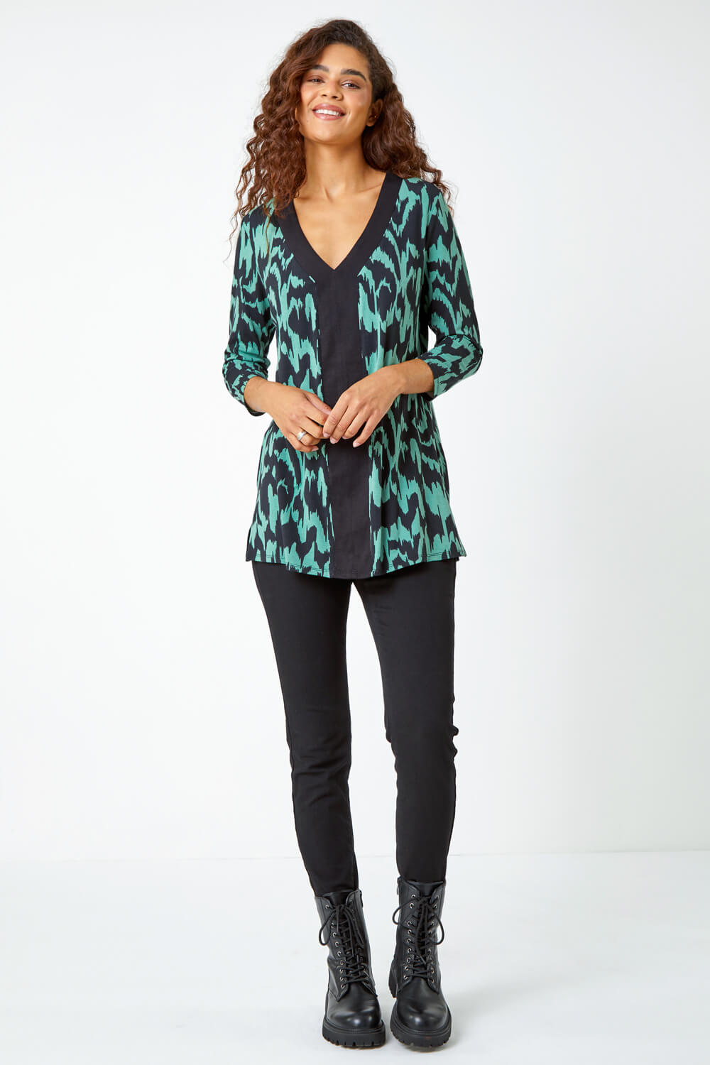 Green Abstract Print Stretch Top , Image 2 of 5