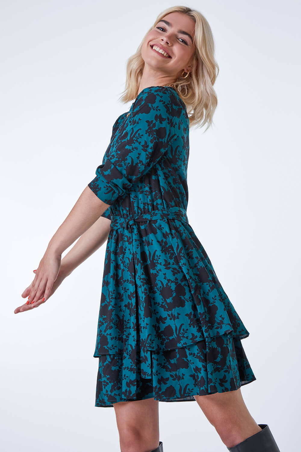 Dark Green Contrast Floral Tiered Dress, Image 2 of 5