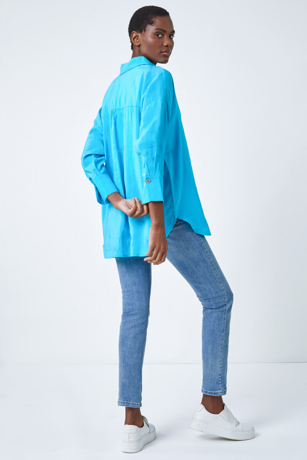 Turquoise Oversized Longline Shirt, Image 3 of 5