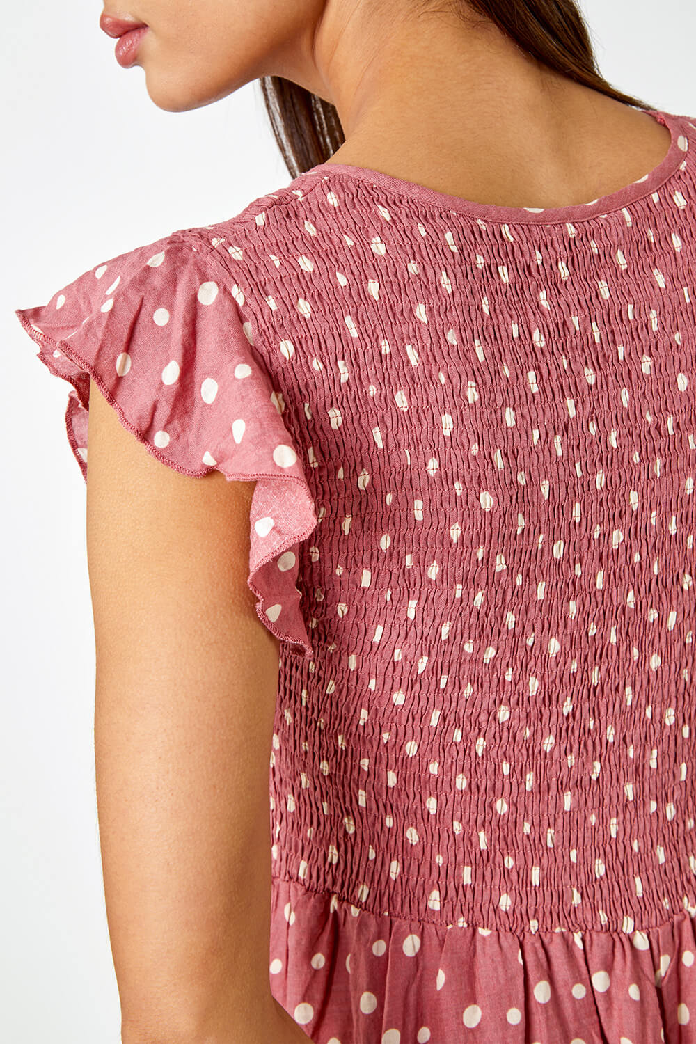 PINK Frill Sleeve Spot Shirred Midi Dress, Image 5 of 5