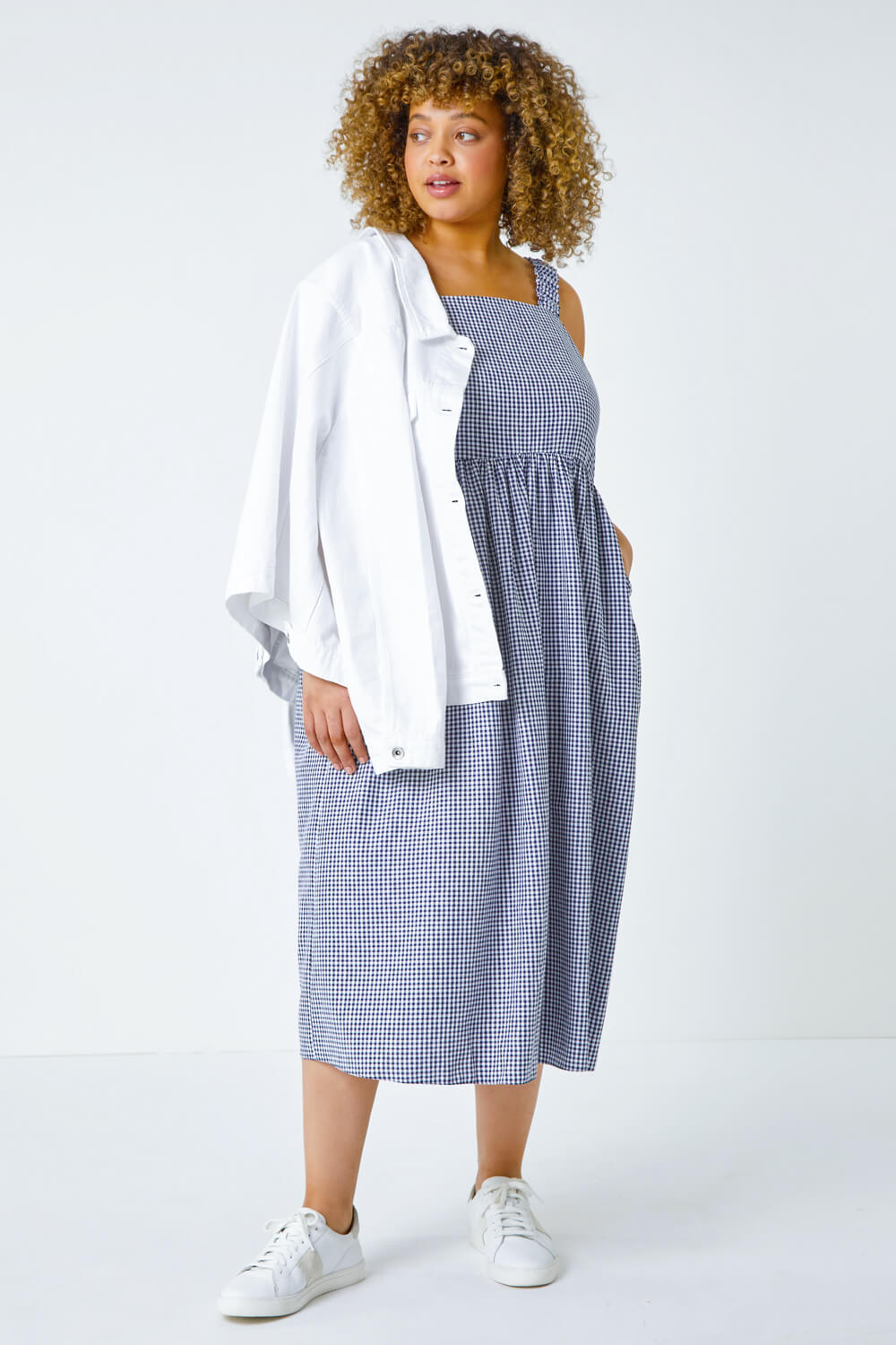 Navy  Curve Gingham Linen Look Ruched Midi Dress, Image 4 of 5
