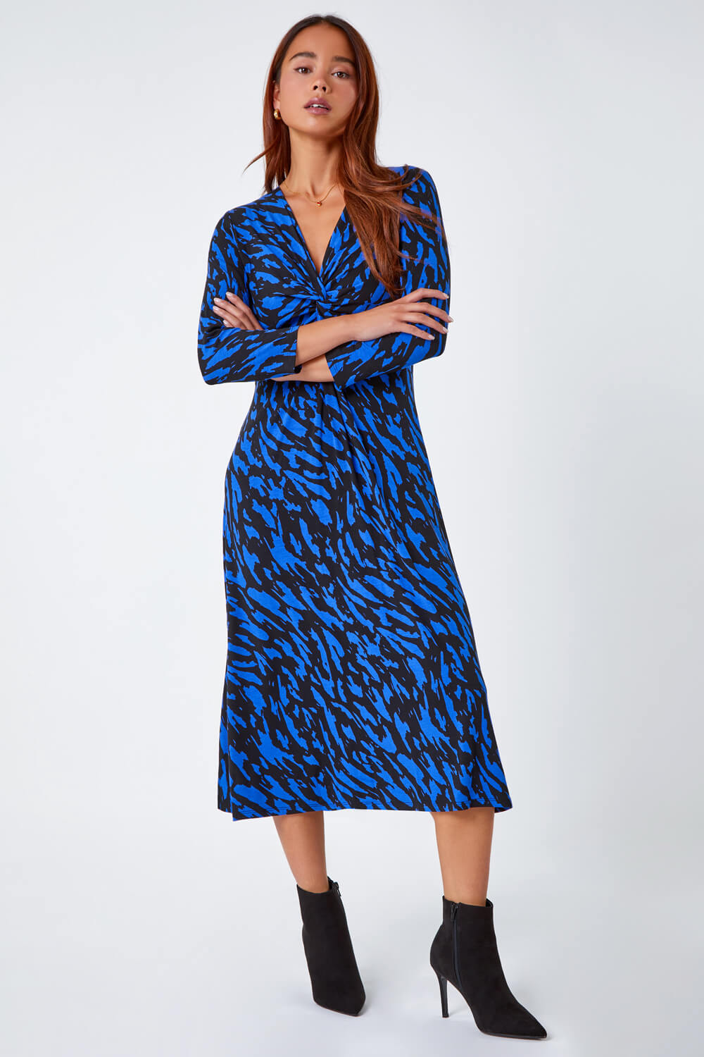 Blue Petite Abstract Knot Stretch Midi Dress, Image 2 of 5