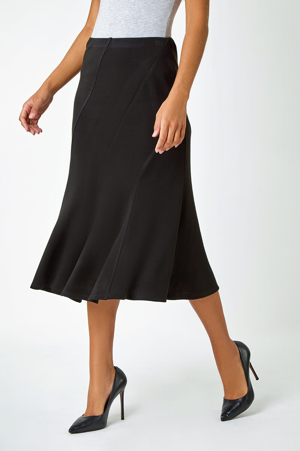 Black Panelled Flared Midi Stretch Skirt, Image 2 of 5