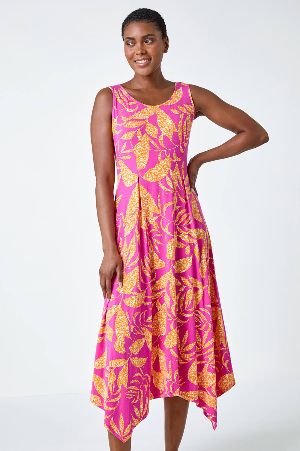 Fuchsia Tropical Print Pleated Maxi Stretch Dress, Image 4 of 5