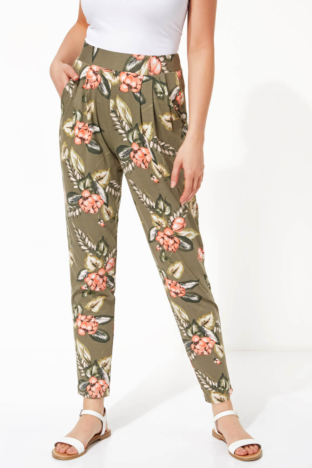 Tropical Palm Print Hareem Trousers in Khaki - Roman Originals UK