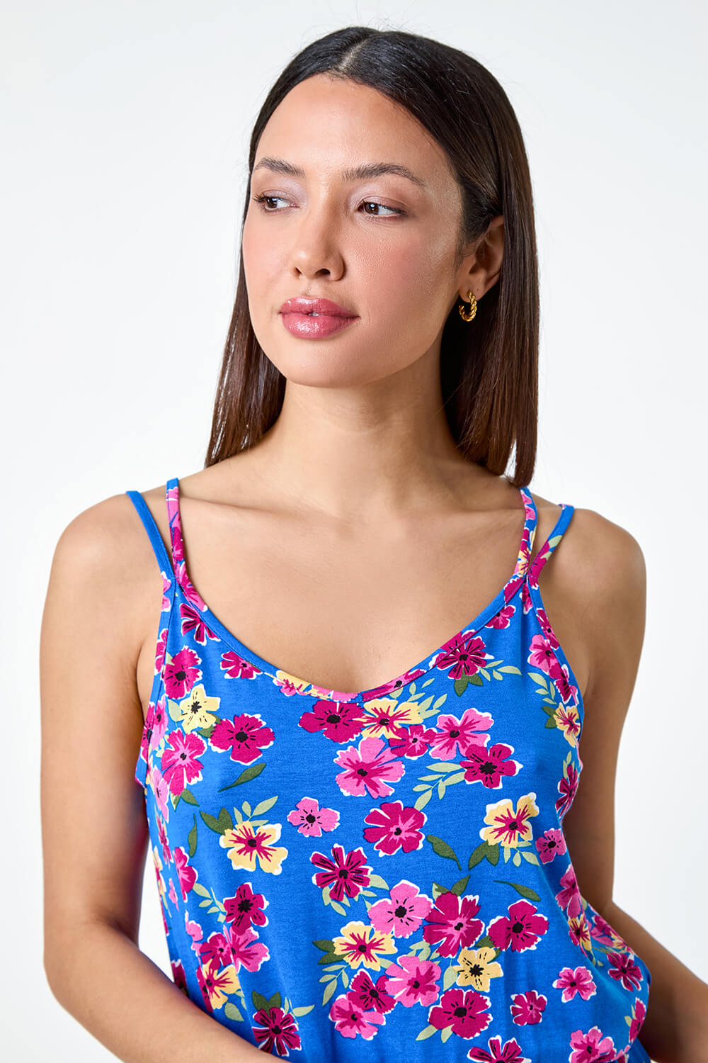 Blue Floral Print Sleeveless Stretch Playsuit, Image 4 of 5