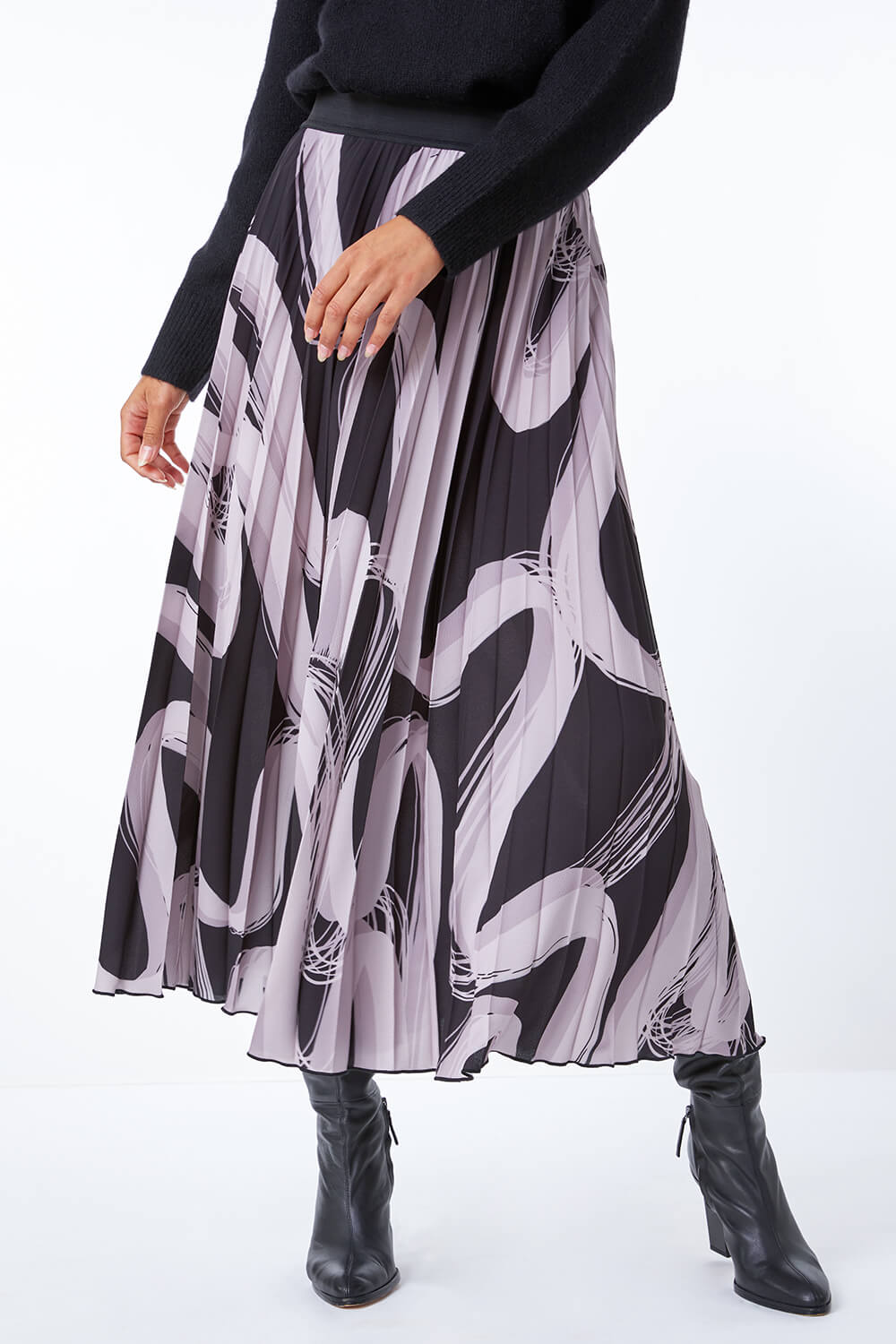 Black Abstract Print Pleated Midi Skirt, Image 4 of 5