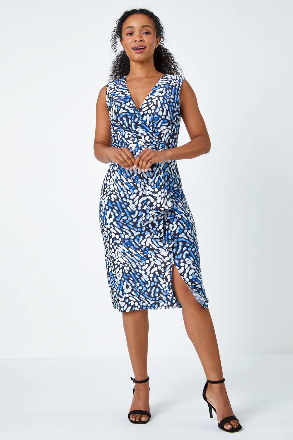 Blue Abstract Print Buckle Detail Midi Stretch Dress, Image 2 of 5