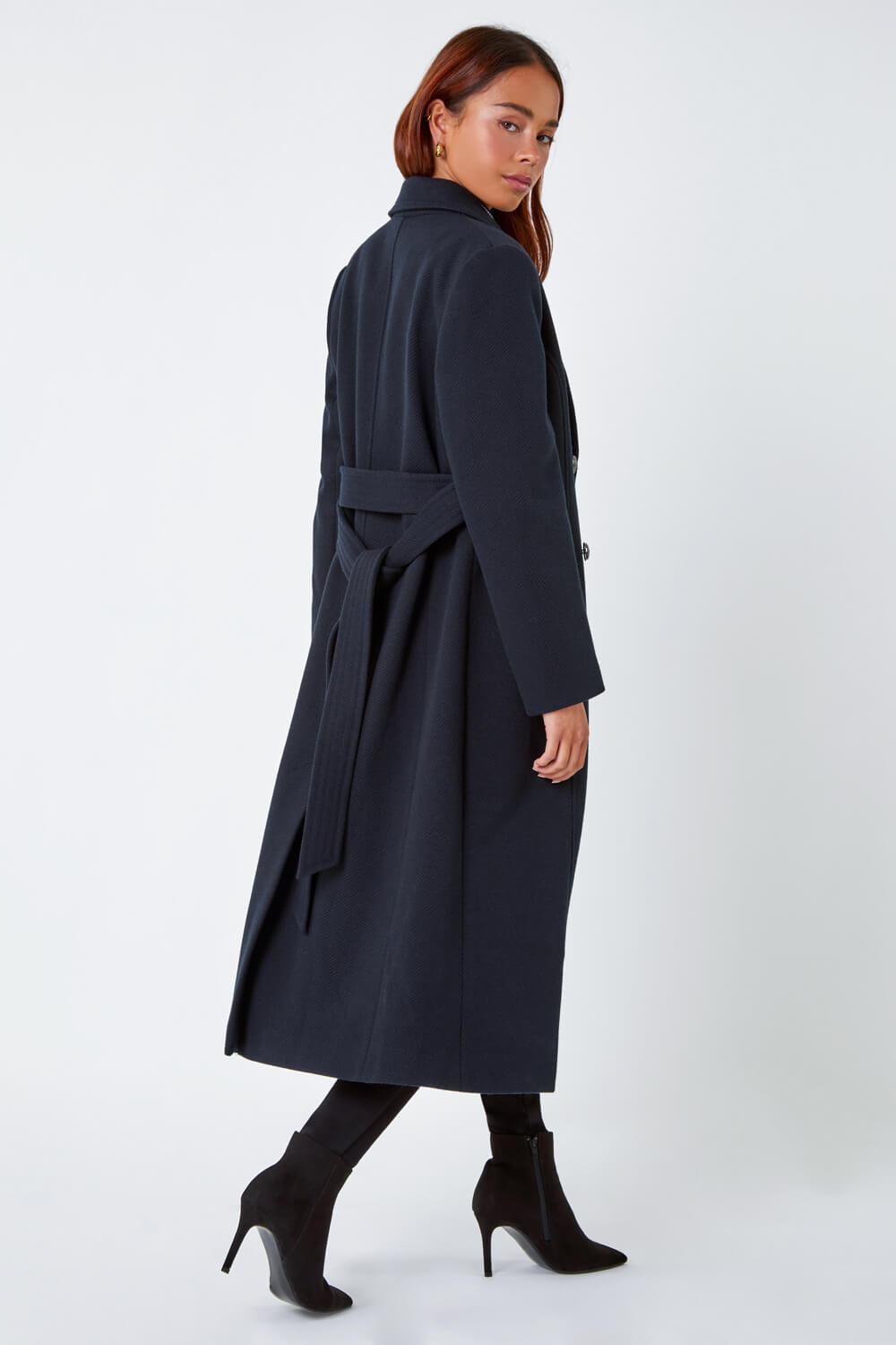 Navy  Petite Longline Belted Military Coat, Image 3 of 5