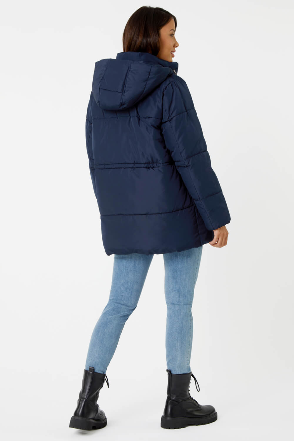 Navy  Padded Hooded Mid Length Coat, Image 3 of 6