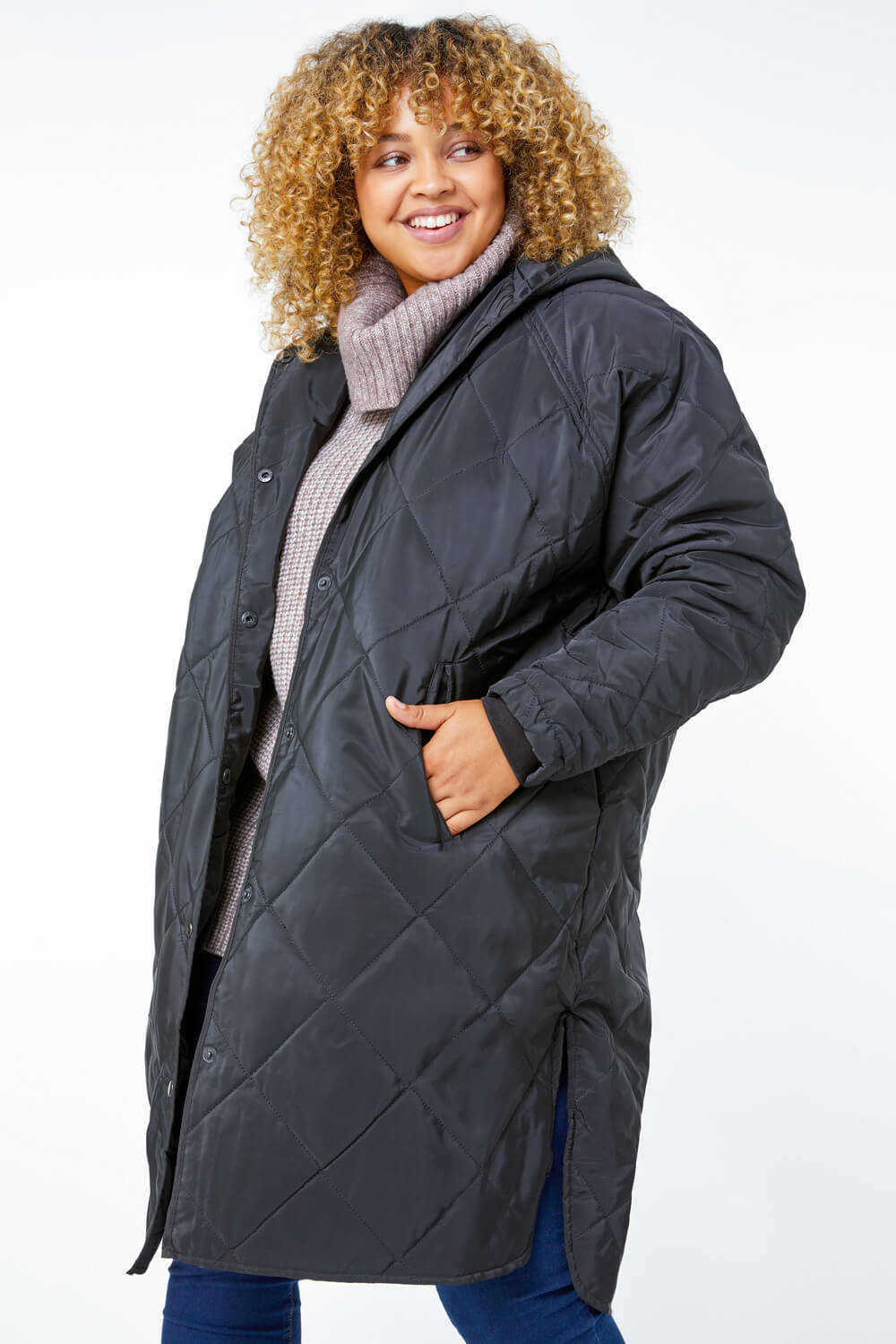 Black Curve Quilted Longline Coat, Image 2 of 5