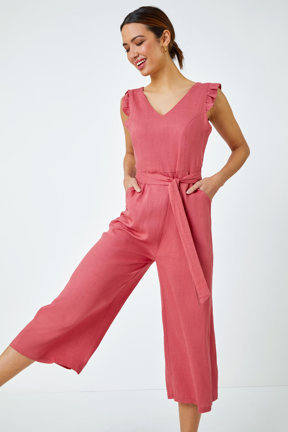 PINK Linen Blend Cropped Frill Jumpsuit, Image 2 of 5