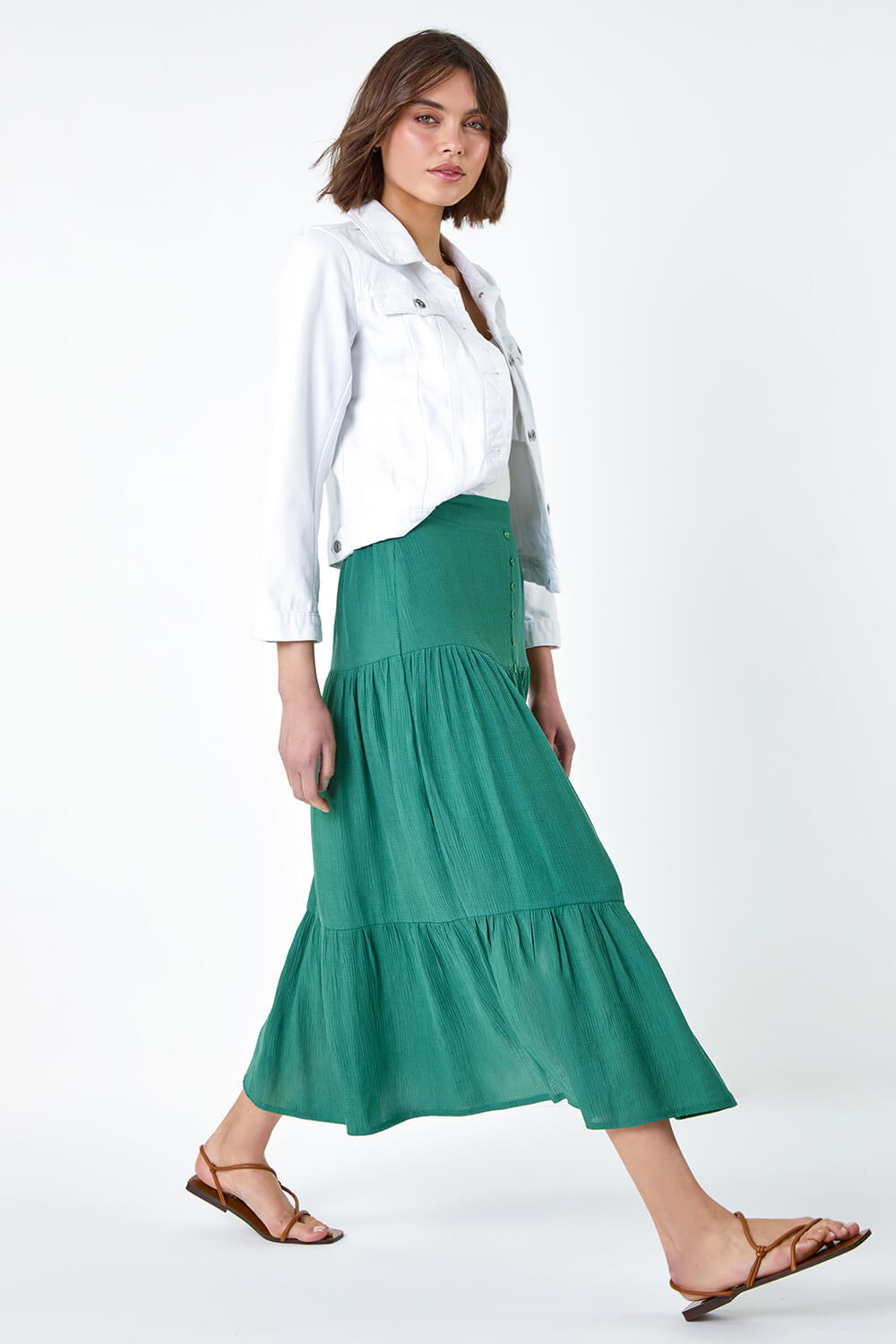 Green Textured Button Tiered Midi Skirt, Image 2 of 5