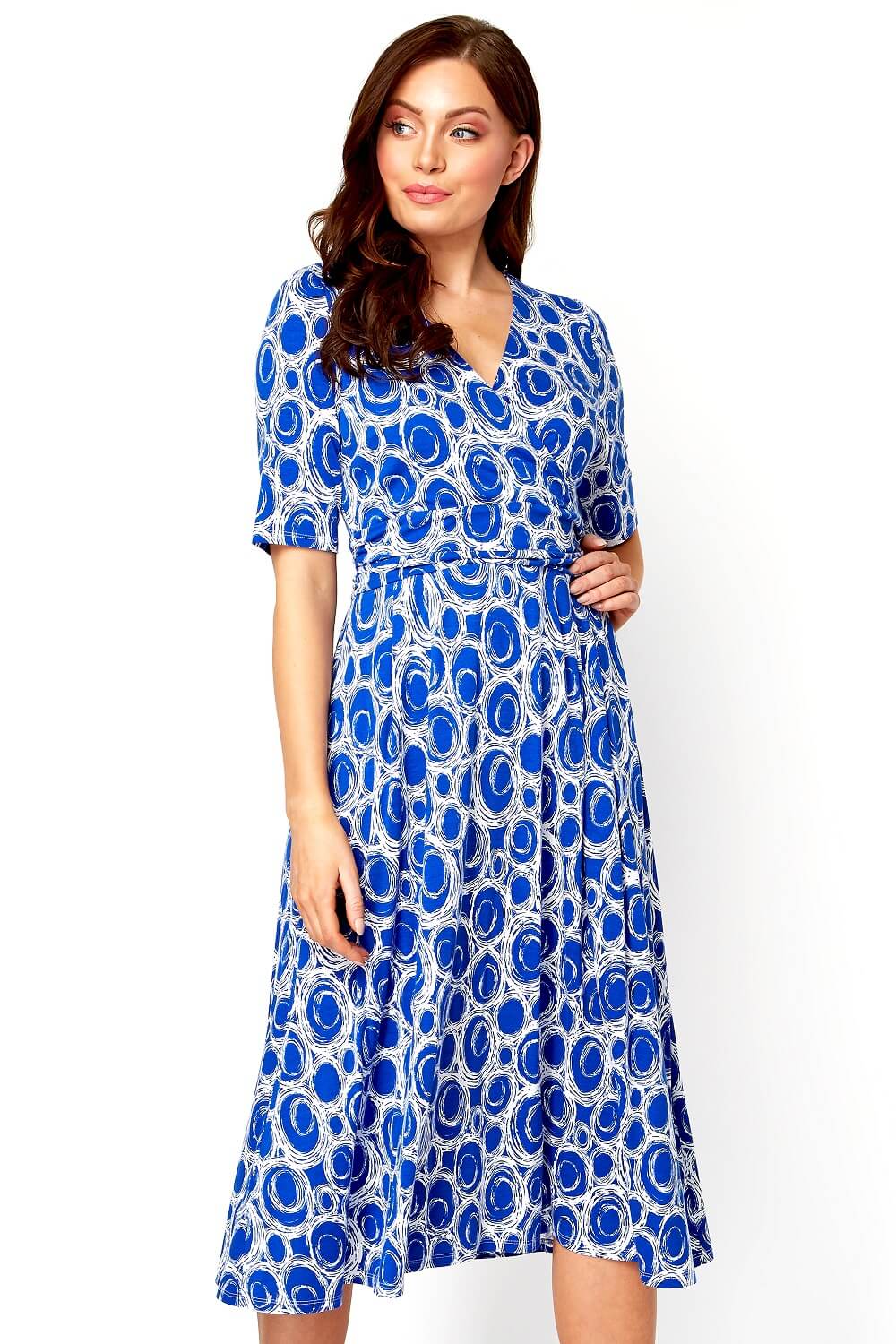 Spot Printed Fit and Flare Dress in Royal Blue - Roman Originals UK