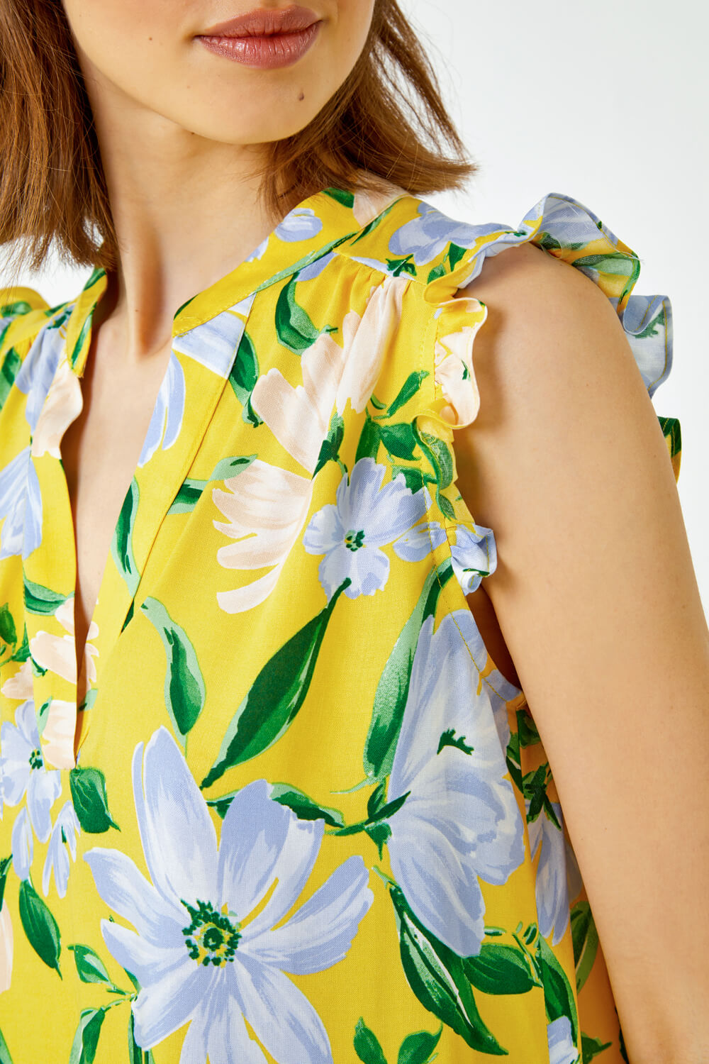 Yellow Floral Print Sleeveless Ruffle Top, Image 5 of 5