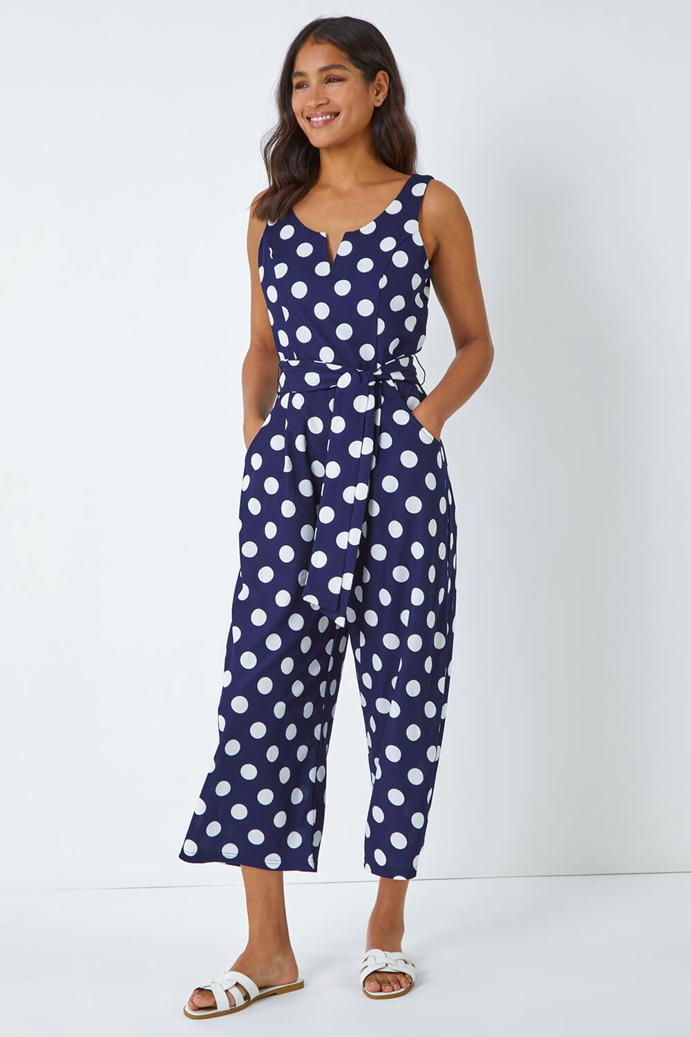 Navy  Spot Print Belted Jumpsuit, Image 2 of 5