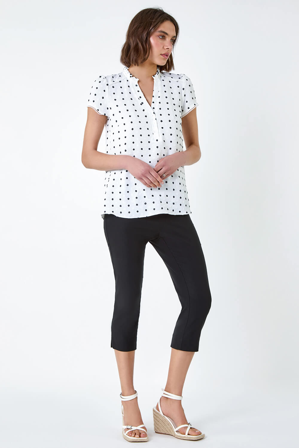 Ivory  Textured Spot Print Ruffle Detail Top, Image 2 of 5