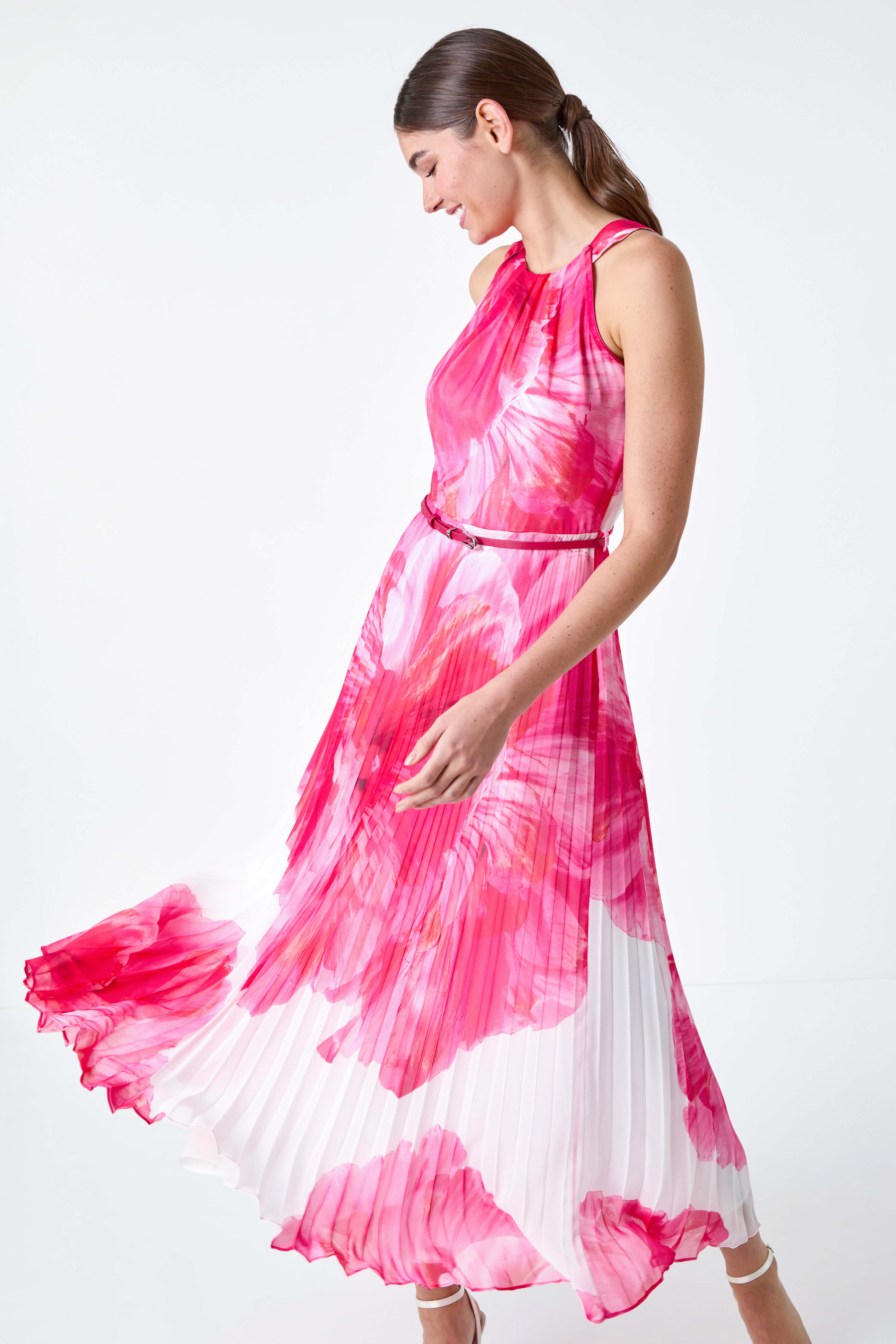CERISE Floral Pleated Halterneck Maxi Dress, Image 4 of 5