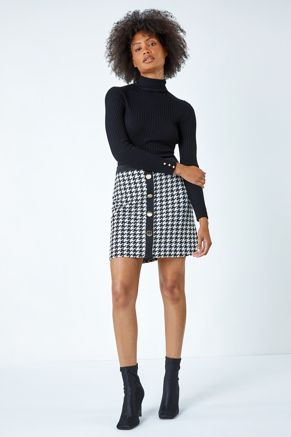 Black Houndstooth Button Detail Stretch Skirt, Image 2 of 5