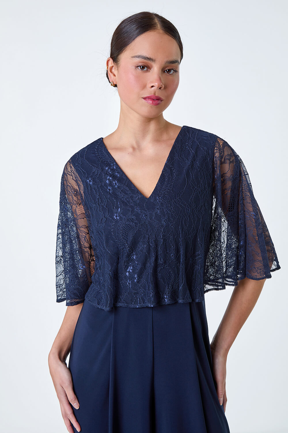 Navy  Petite Lace Overlay Wide Leg Jumpsuit, Image 4 of 5