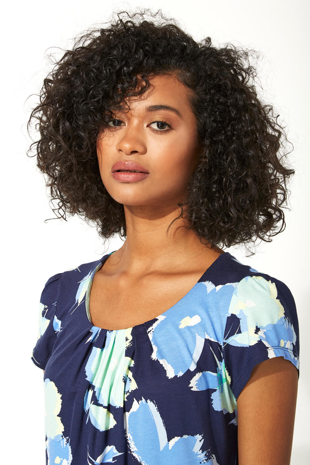 Navy  Floral Print Pleat Neck Top, Image 4 of 5