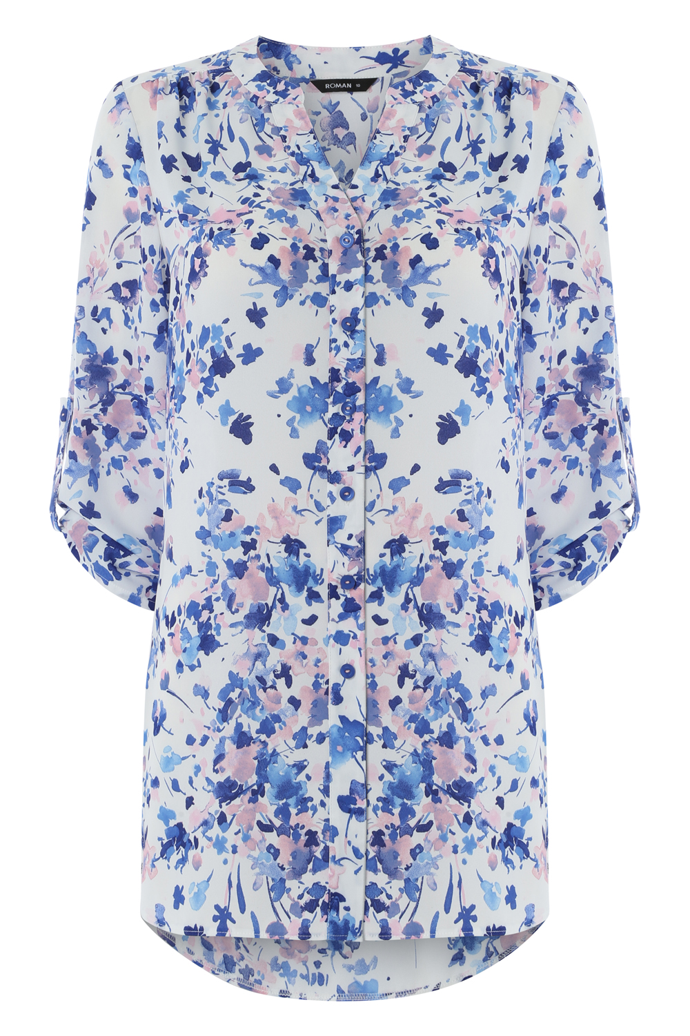 Blue Floral Print Roll Sleeve Shirt , Image 4 of 8