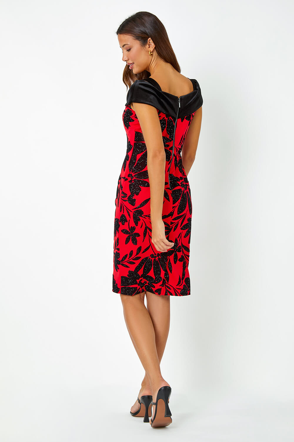 Red Flocked Floral Premium Stretch Dress, Image 3 of 5
