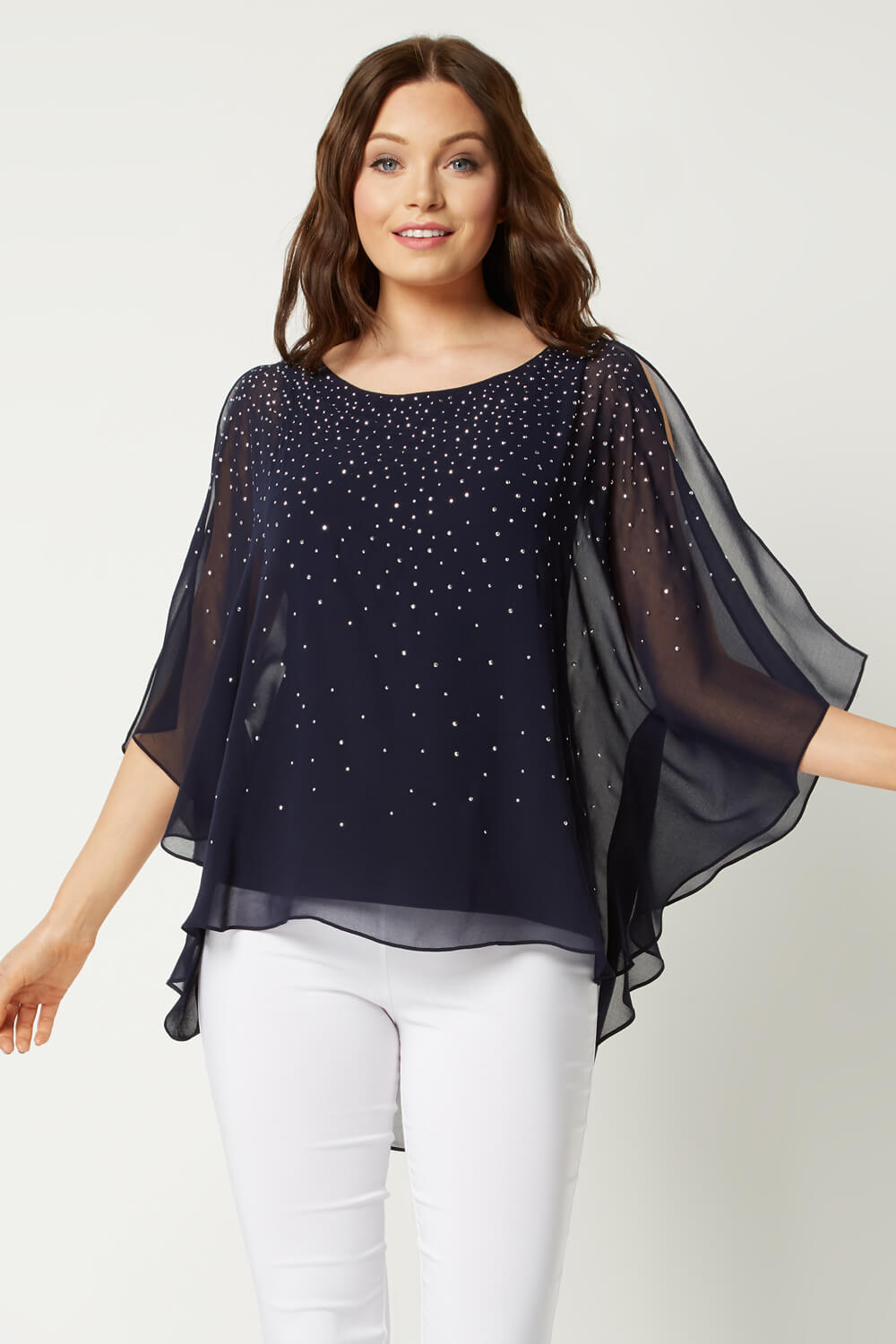 Navy  Sparkly Chiffon Overlay Top, Image 3 of 4