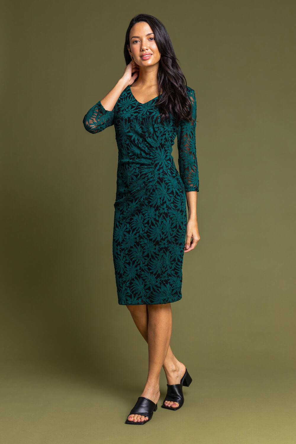 Green Palm Print Lace Ruched Dress, Image 3 of 4